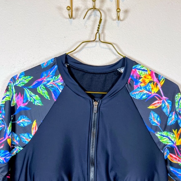 BloomChic Black One-Piece Swim Dress with Tropical Print Sleeves. Size 18/20 - Picture 3 of 5